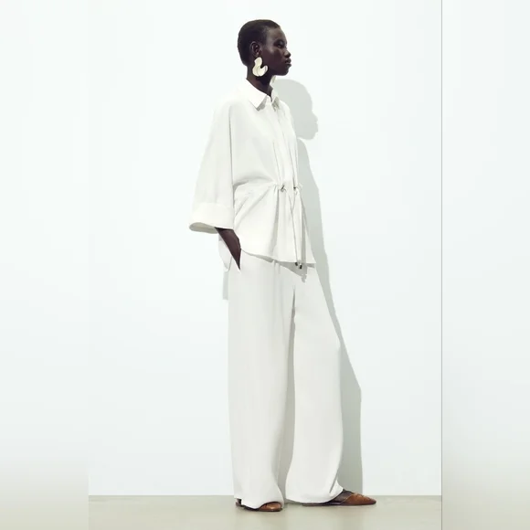 ZARA 2 PIECES SET GATHERED KIMONO SHIRT AND CREPE WIDE LEG PANTS SIZE XS/S - Picture 2 of 15